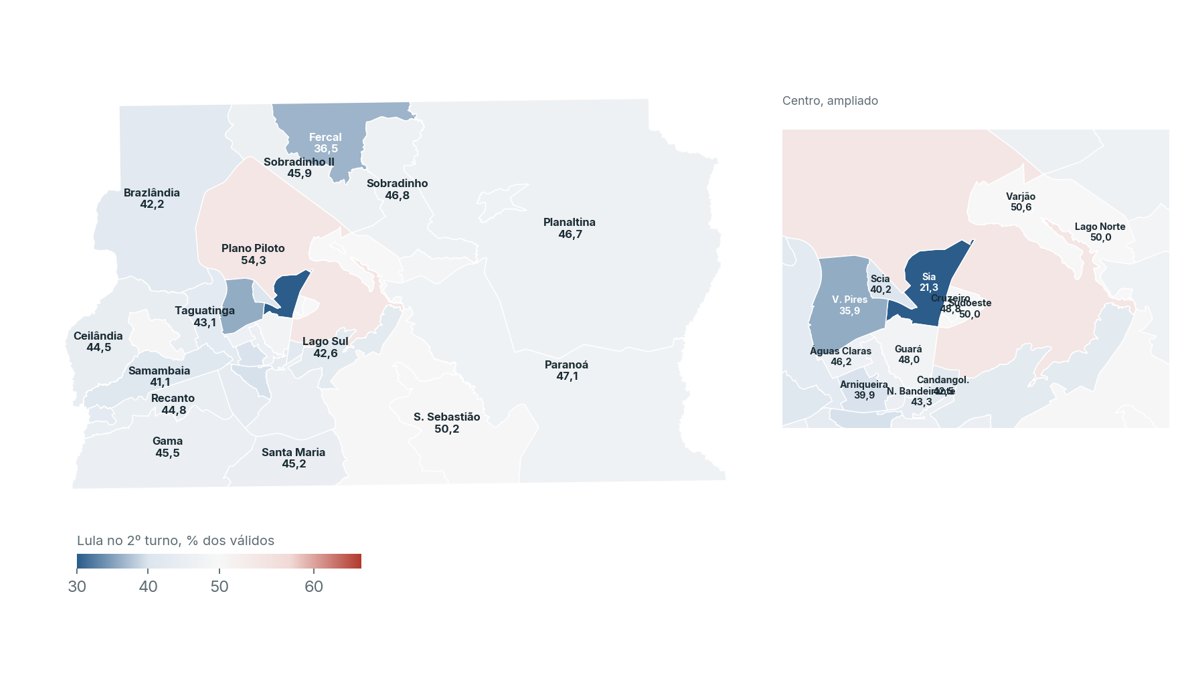 Mapa do Distrito Federal por região administrativa com a parte de Lula nos votos válidos do 2º turno, de 21% no SIA a 54% no Plano Piloto.