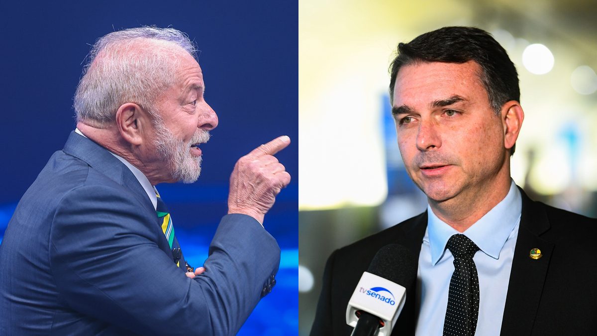 Lula, à esquerda, aponta o dedo; Flávio Bolsonaro, à direita, fala a jornalistas. Montagem de duas fotos.